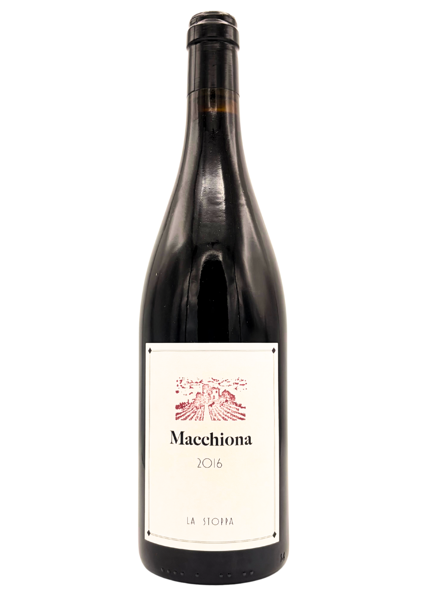 Wine bottle with 'Macchiona' label on a white background