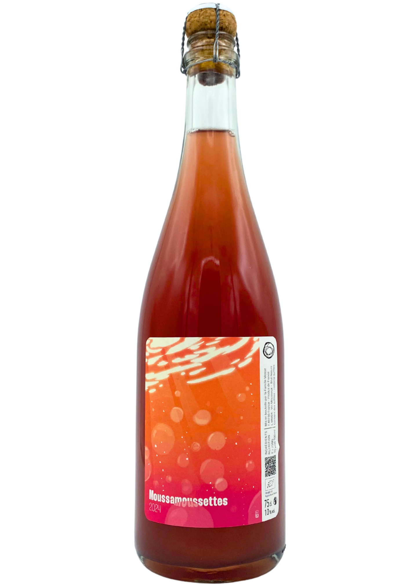 Bottle of rose-colored wine with a cork on a white background