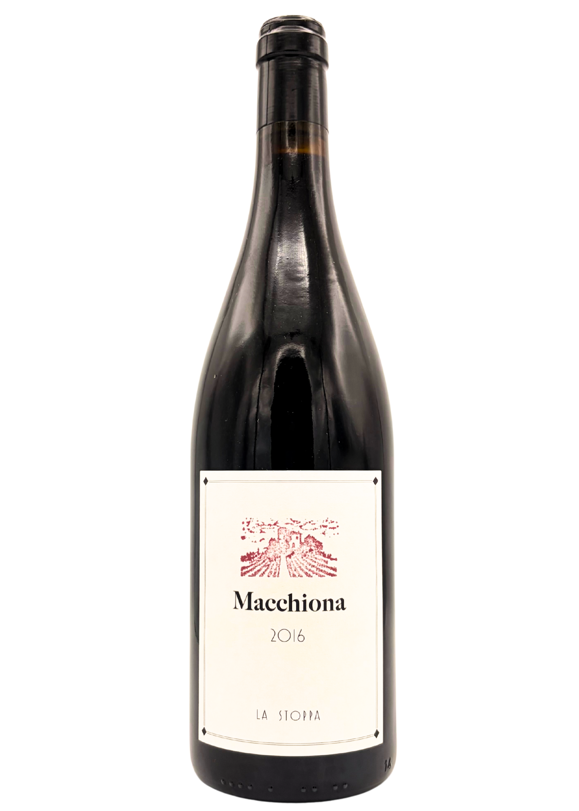 Wine bottle with 'Macchiona' label on a white background