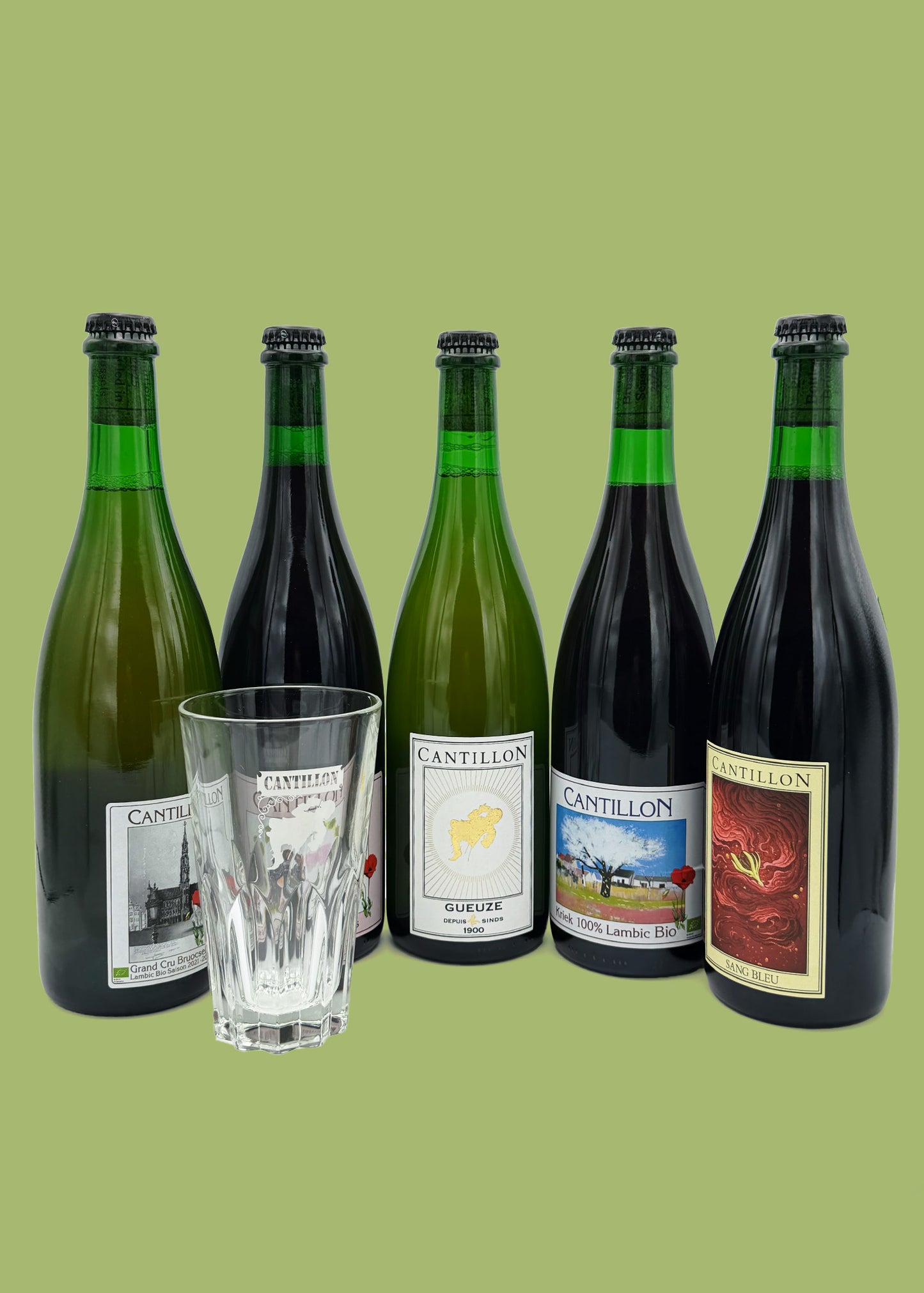 Cantillon box: Sang Bleu, Rosé de Gambrinus, Kriek, Gueuze, Grand Cru Bruocsella & Graal