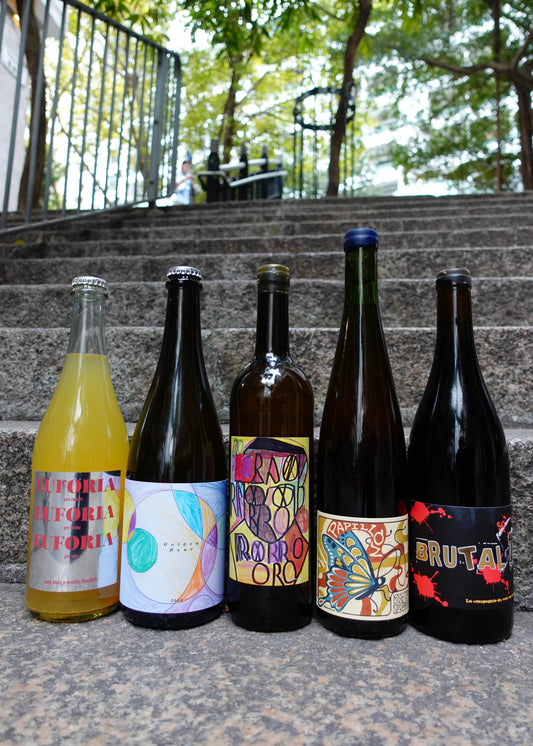 Five bottles of different types of drinks on a set of outdoor stairs with a blurred background.